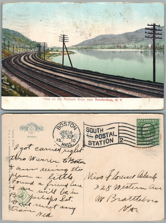 AMSTERDAM N.Y. VIEW ON MOHAWK RIVER 1910 ANTIQUE POSTCARD railroad railway
