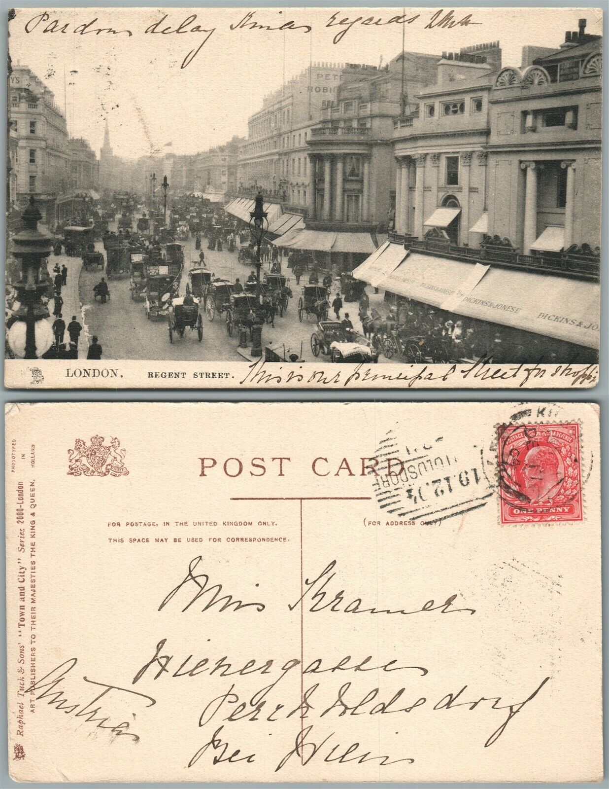 REGENT STREET LONDON UK ANTIQUE 1904 POSTCARD  w/ STAMP