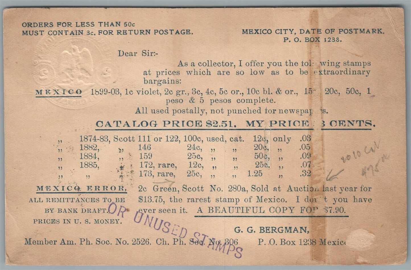 MEXICO ANTIQUE POSTCARD w/ STAMPS