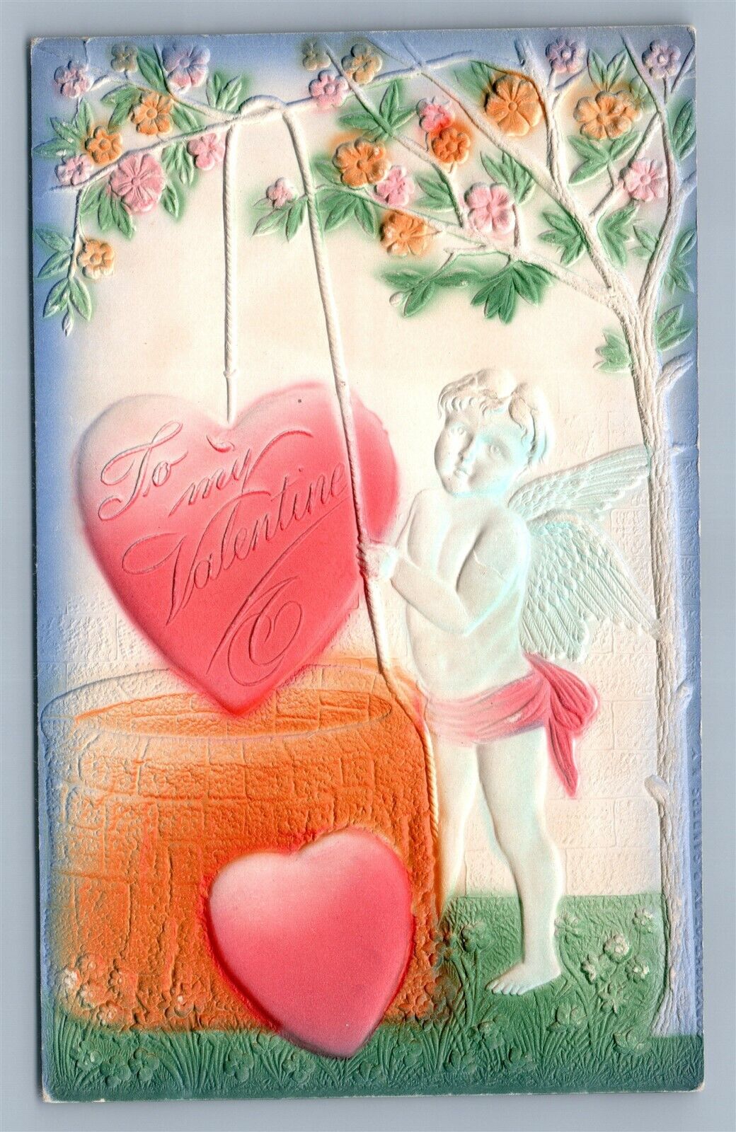 VALENTINE ANTIQUE EMBOSSED POSTCARD CUPID w/ HEART WELL