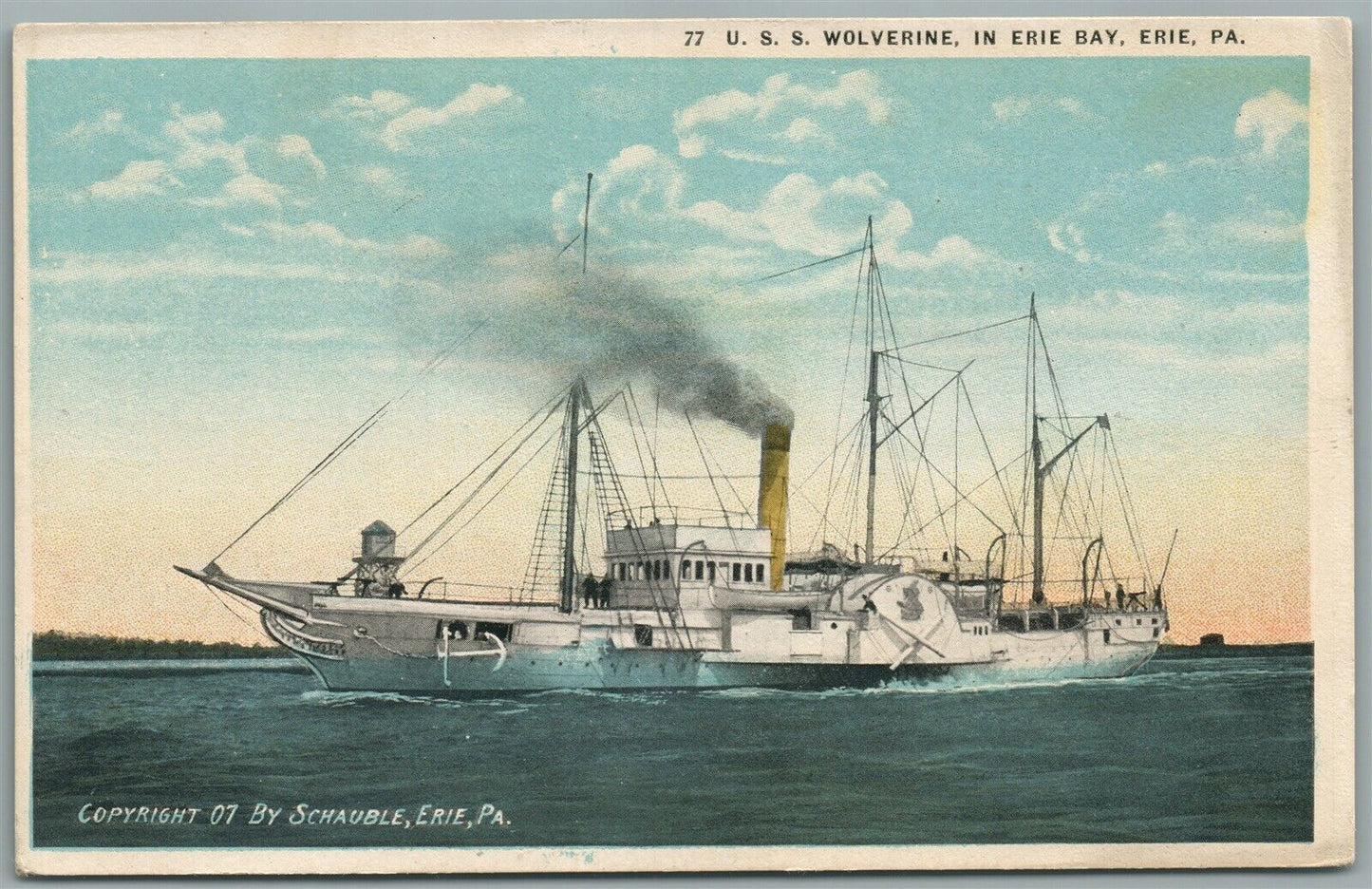 MILITARY SHIP USS WOLVERINE in ERIE BAY PA ANTIQUE POSTCARD