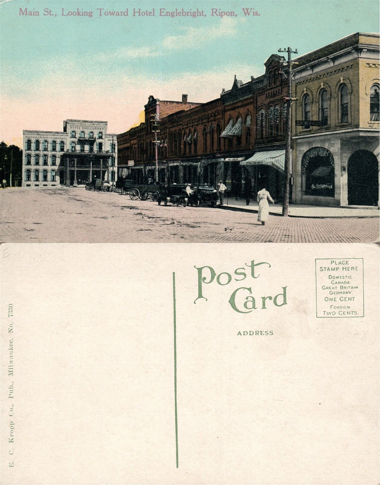 RIPON WI MAIN STREET HOTEL ENGLEBRIGHT ANTIQUE POSTCARD