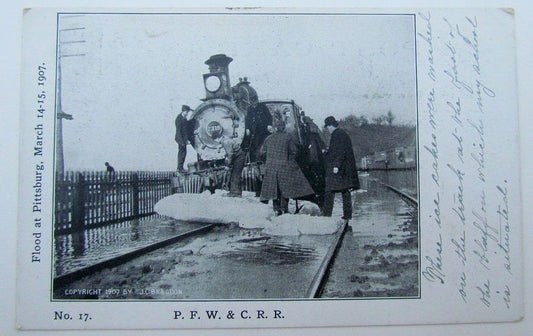 VINTAGE POSTCARD P.F.W. & C.R.R. PITTSBURG PA FLOOD 1907 railroad train railway