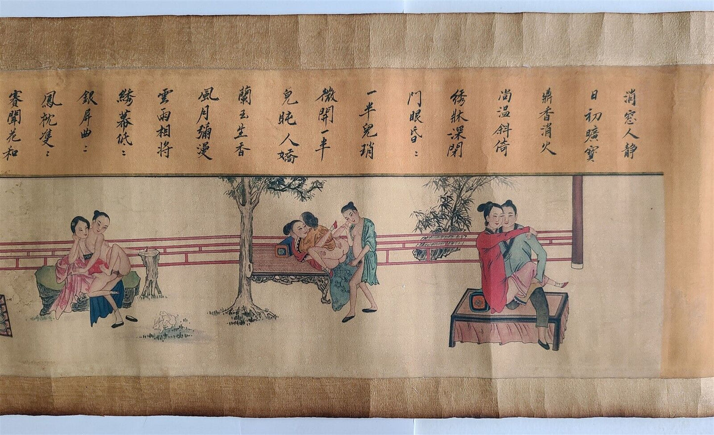 1920s CHINESE EROTIC SCROLL HAND PAINTED vintage SHUNGA 10 by 94"