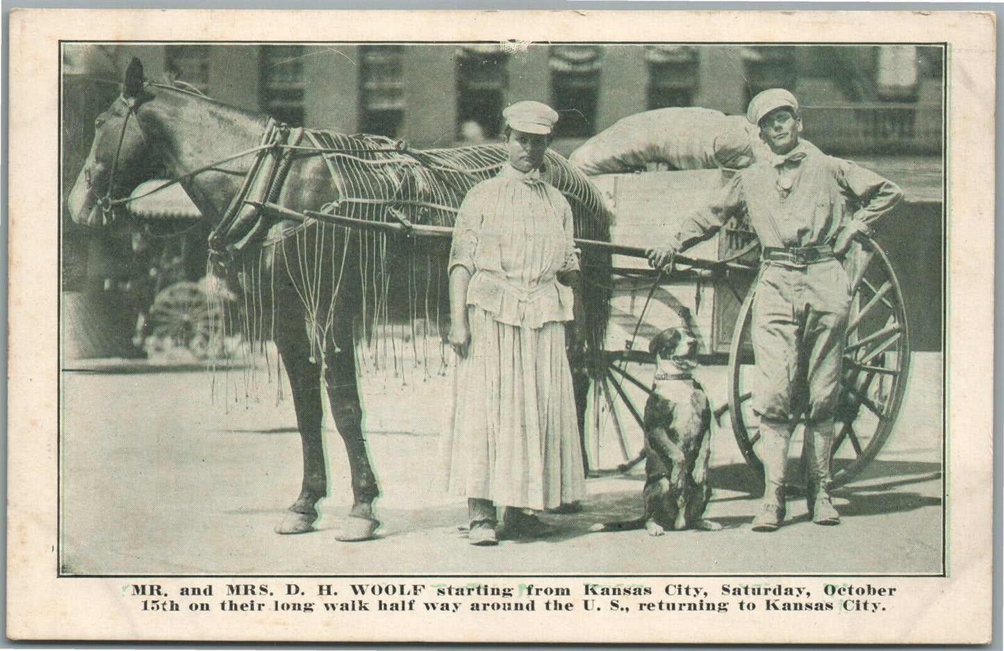 DISTANCE WALKERS D.H.WOOLF on HALF WAY AROUND US ANTIQUE POSTCARD KANSAS CITY MO