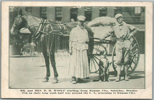 DISTANCE WALKERS D.H.WOOLF on HALF WAY AROUND US ANTIQUE POSTCARD KANSAS CITY MO