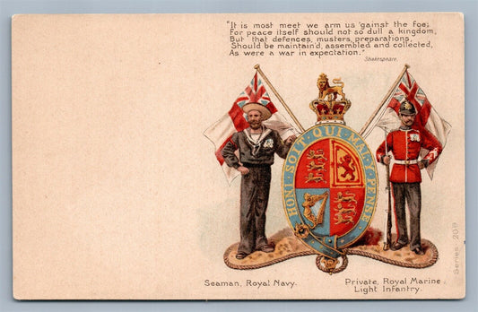 BRITISH MILITARY UNIFORMS ROYAL NAVY SEAMAN & MARINE ANTIQUE POSTCARD