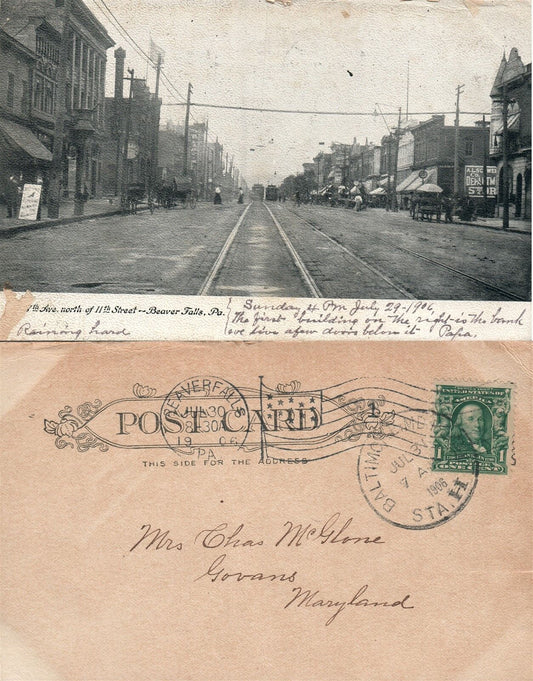 BEAVERS FALLS PA 7th STREET 1906 ANTIQUE UNDIVIDED POSTCARD trolley railroad