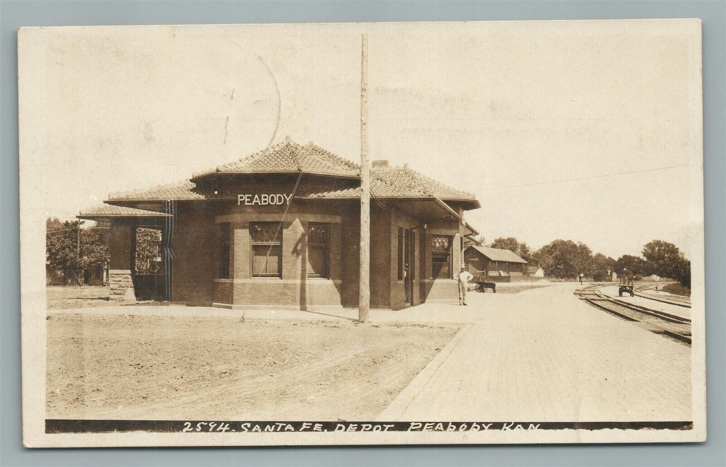 PEABODY KS RAILROAD DEPOT RAILWAY STATION ANTIQUE REAL PHOTO POSTCARD RPPC