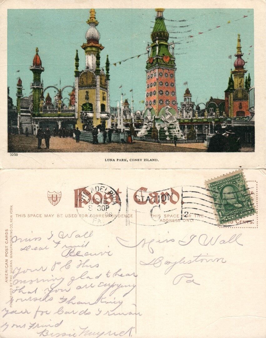 CONEY ISLAND BROOKLYN N.Y. LUNA PARK 1908 UNDIVIDED ANTIQUE POSTCARD