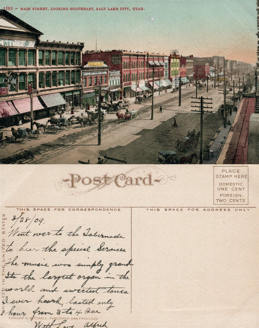 SALT LAKE CITY UTAH MAIN STREET LOOKING SOUTHEAST ANTIQUE POSTCARD