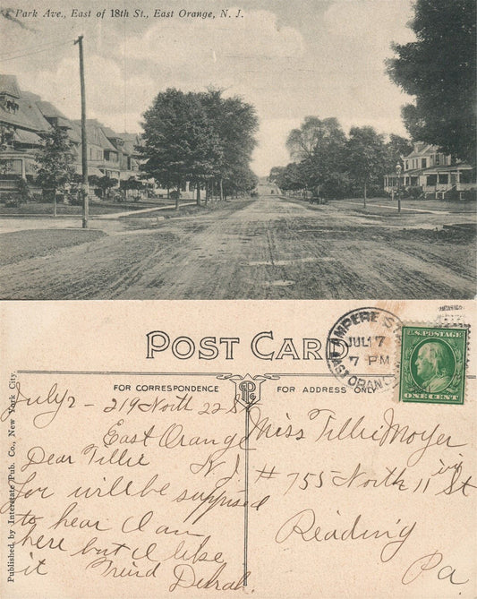 EAST ORANGE N.J. PARK AVENUE EAST OF 18th STREET ANTIQUE POSTCARD
