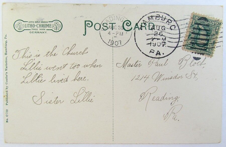 HAMBURG PA ST.JOHN'S LUTHERAN CHURCH 1907 ANTIQUE POSTCARD