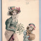 GIRL w/ DOG in WINTER LANDSCAPE ANTIQUE POSTCARD