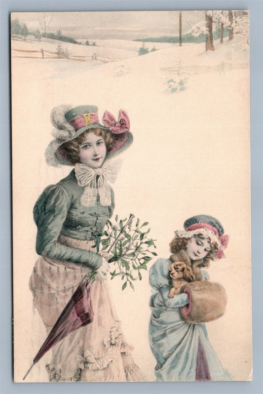 GIRL w/ DOG in WINTER LANDSCAPE ANTIQUE POSTCARD