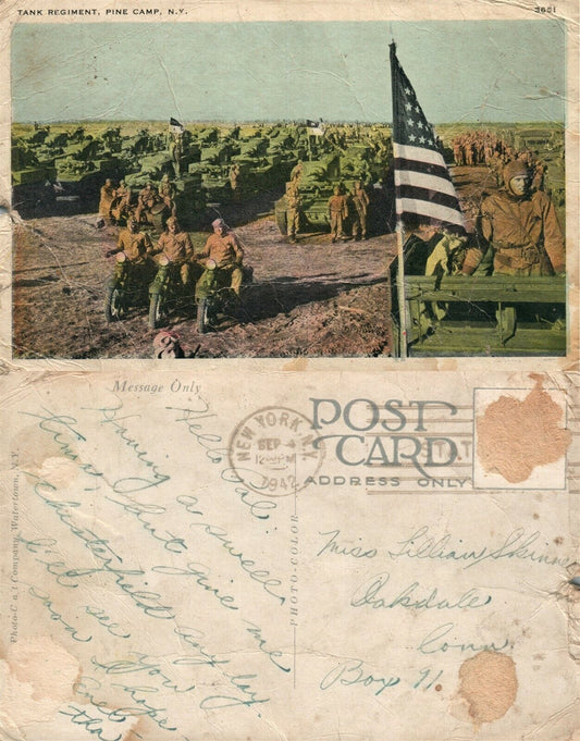 PINE CAMP N.Y. TANK REGIMENT 1942 WWII VINTAGE POSTCARD