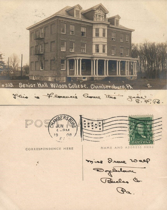 CHAMBERSBURG PA SENIOR HALL WILSON COLLEGE 1908 ANTIQUE RPPC PHOTO POSTCARD