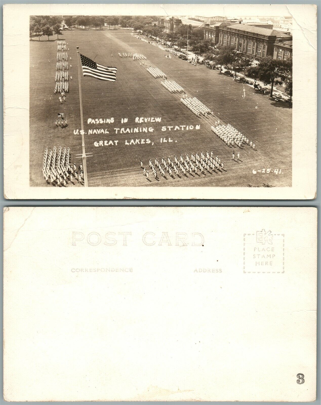 GREAT LAKES IL U.S. NAVAL TRAINING STATION ANTIQUE REAL PHOTO POSTCARD RPPC flag