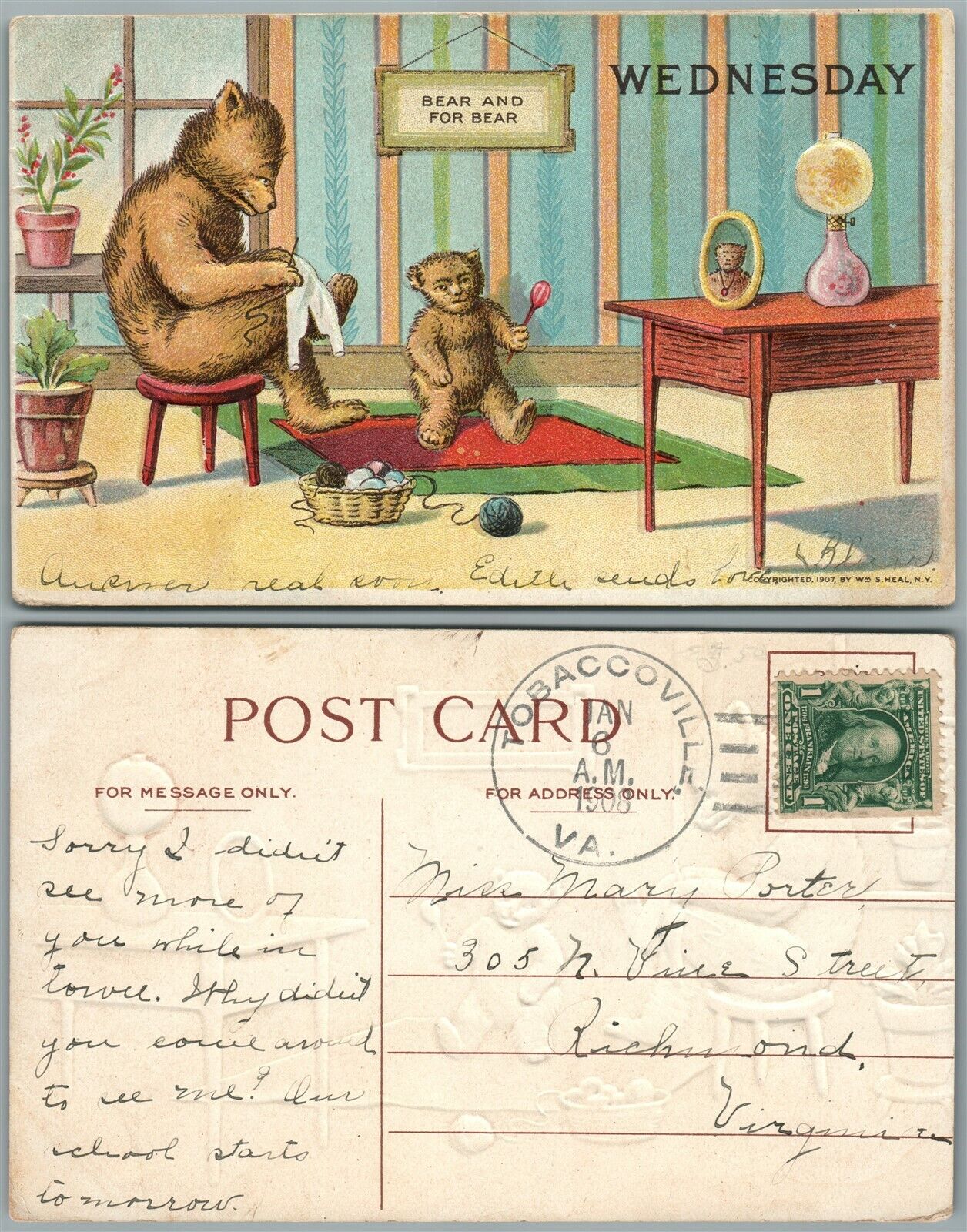 BEAR AND FOR BEAR WEDNESDAY 1908 ANTIQUE POSTCARD