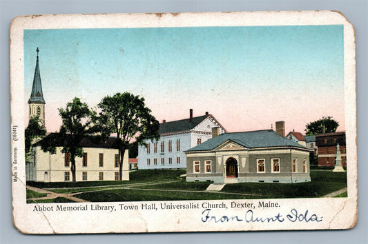 DEXTER ME ABBOT MEMORIAL LIBRARY TOWN HALL ANTIQUE REAL PHOTO POSTCARD RPPC