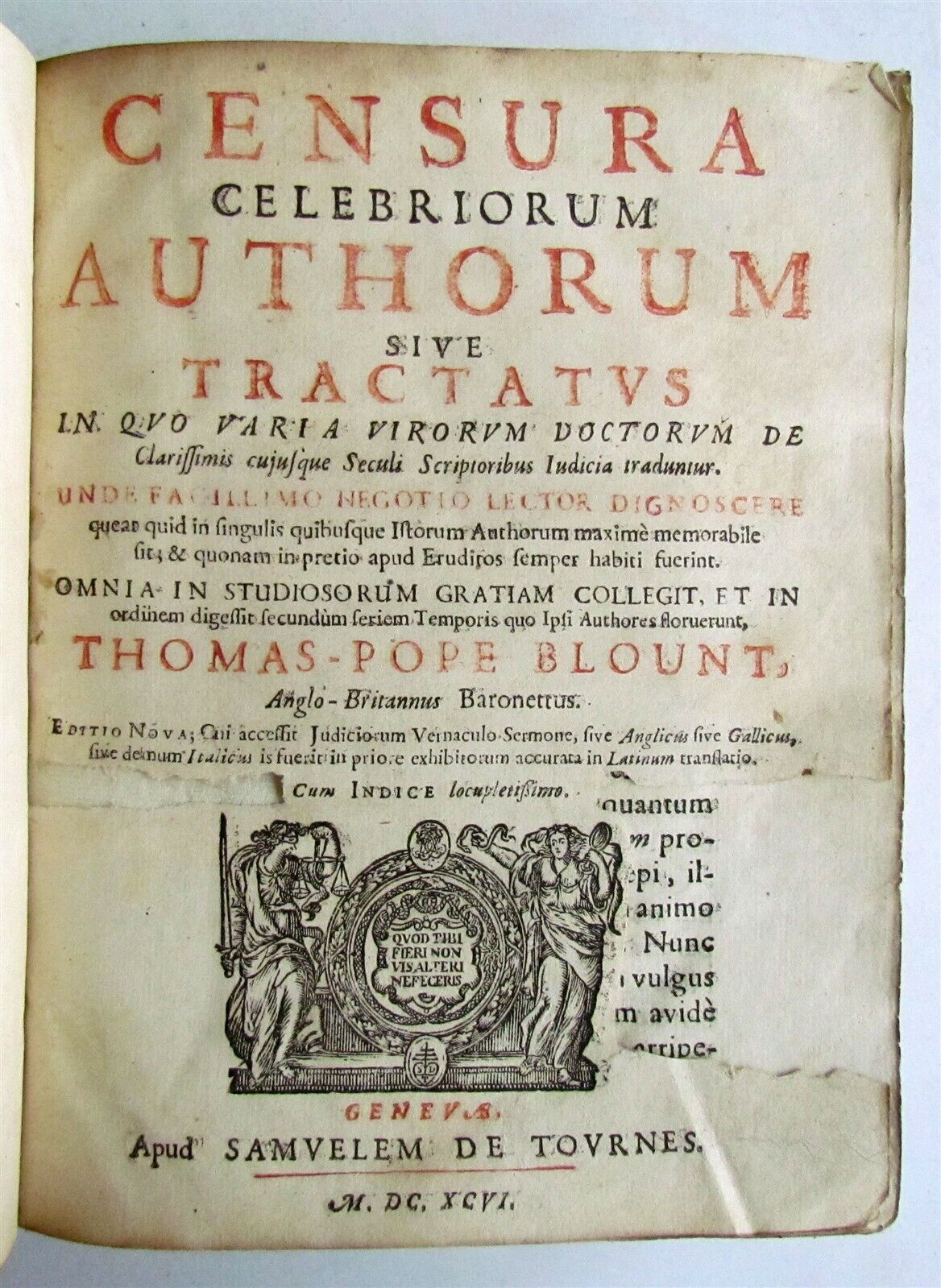 1696 CENSURA CELEBRIORUM AUTHORUM antique BLOUNT critique on celebrated authors