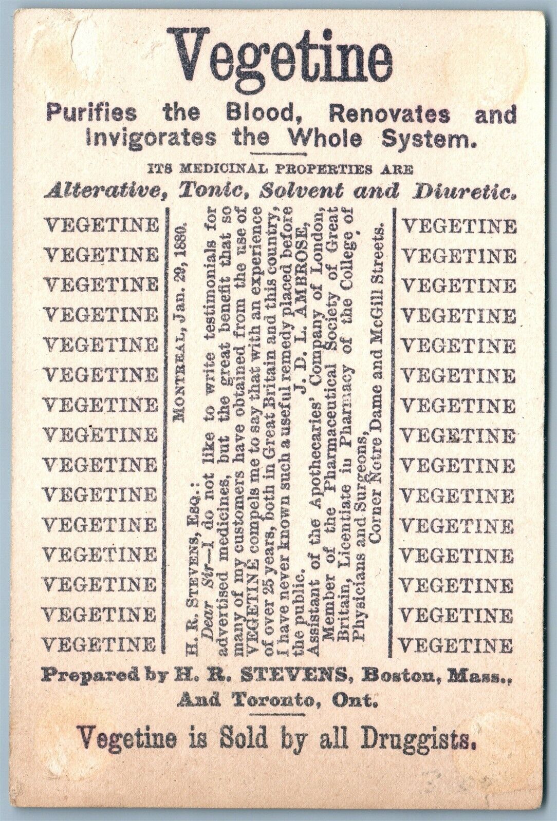 VEGETINE ANTIQUE ADVERTISING VICTORIAN TRADE CARD VIOLIN PLAYER w/ DUCKS