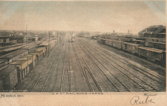 Q & C RAILROAD YARDS MERIDIAN MISS UNDIVIDED ANTIQUE POSTCARD train railway