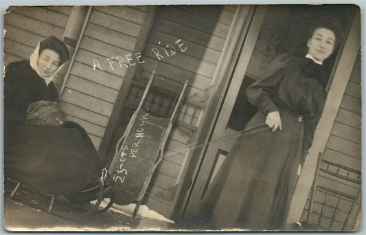 LADY on SLED ANTIQUE REAL PHOTO POSTCARD RPPC FREE RIDE