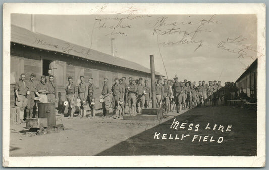 AMERICAN SOLDIERS MESS LINE KELLY FIELD ANTIQUE REAL PHOTO POSTCARD RPPC