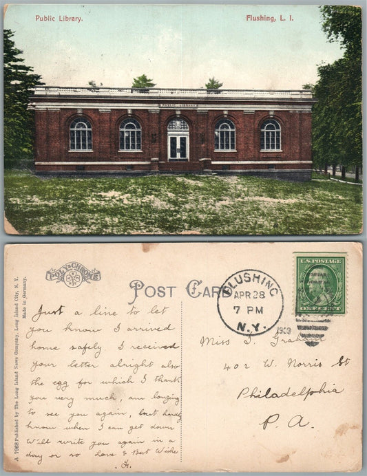 LONG ISLAND FLUSHING N.Y. PUBLIC LIBRARY 1909 ANTIQUE POSTCARD w/ CORK CANCEL