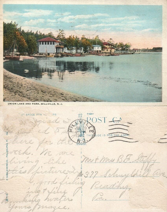 MILLVILLE N.J. UNION LAKE & PARK 1922 ANTIQUE POSTCARD