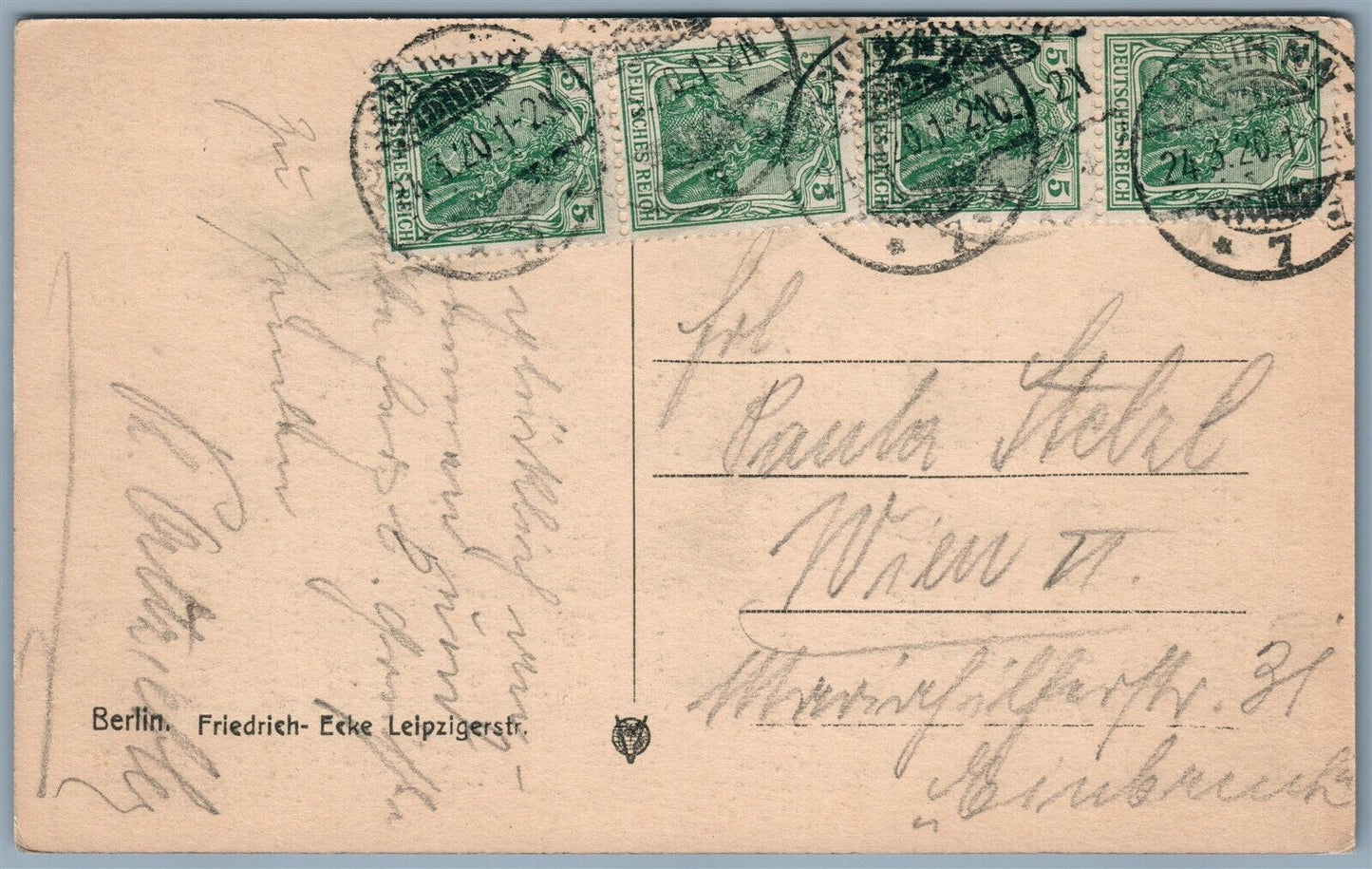 BERLIN GERMANY FRIEDRICH-ECKE LEIPZIGSTR. 1920 ANTIQUE POSTCARD w/ STAMPS