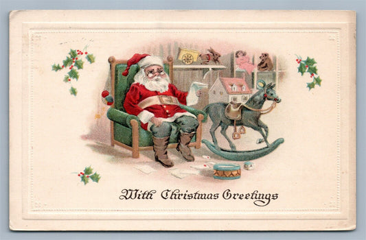 SANTA w/ TOY HORSE CHRISTMAS GREETINGS 1918 EMBOSSED ANTIQUE POSTCARD