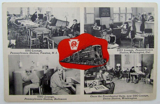 VINTAGE POSTCARD PENNSYLVANIA RAILROAD USO LOUNGES TRAVEL AID train railway