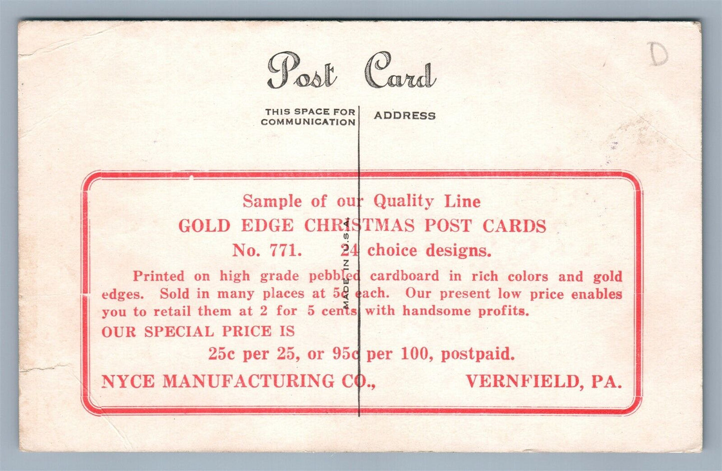 VERNFIELD PA POST CARD NYCE MANUFACTURING PRINTER ADVERTISING VINTAGE POSTCARD