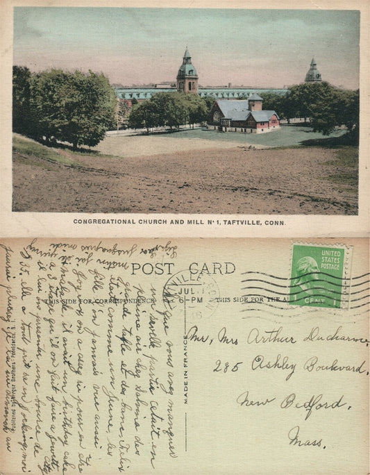 TAFTVILLE CT CONGREGATIONAL CHURCH & MILL 1946 VINTAGE POSTCARD