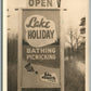 LAKE HOLIDAY BATHING PICNIKING SIGN ANTIQUE REAL PHOTO POSTCARD RPPC