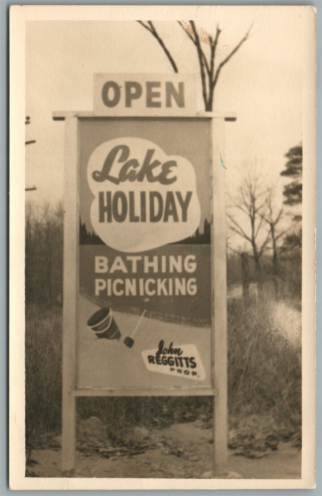 LAKE HOLIDAY BATHING PICNIKING SIGN ANTIQUE REAL PHOTO POSTCARD RPPC