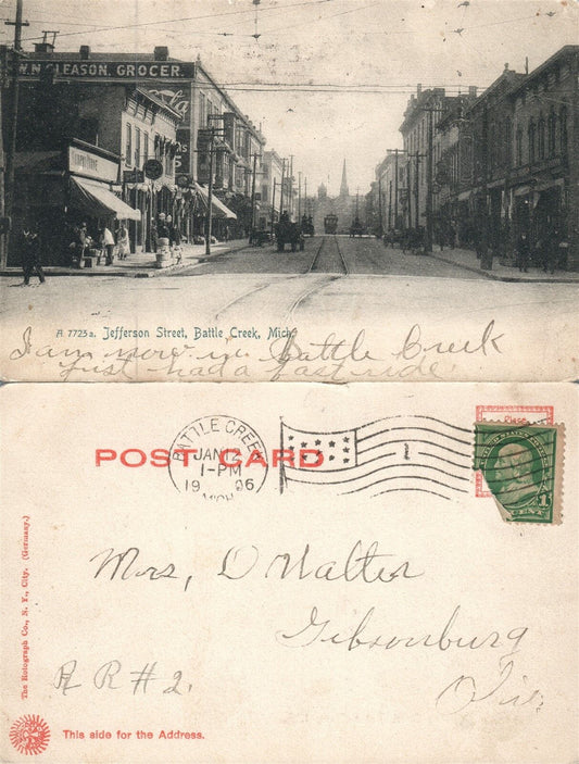 BATTLE CREEK MI JEFFERSON STREET 1906 UNDIVIDED ANTIQUE POSTCARD