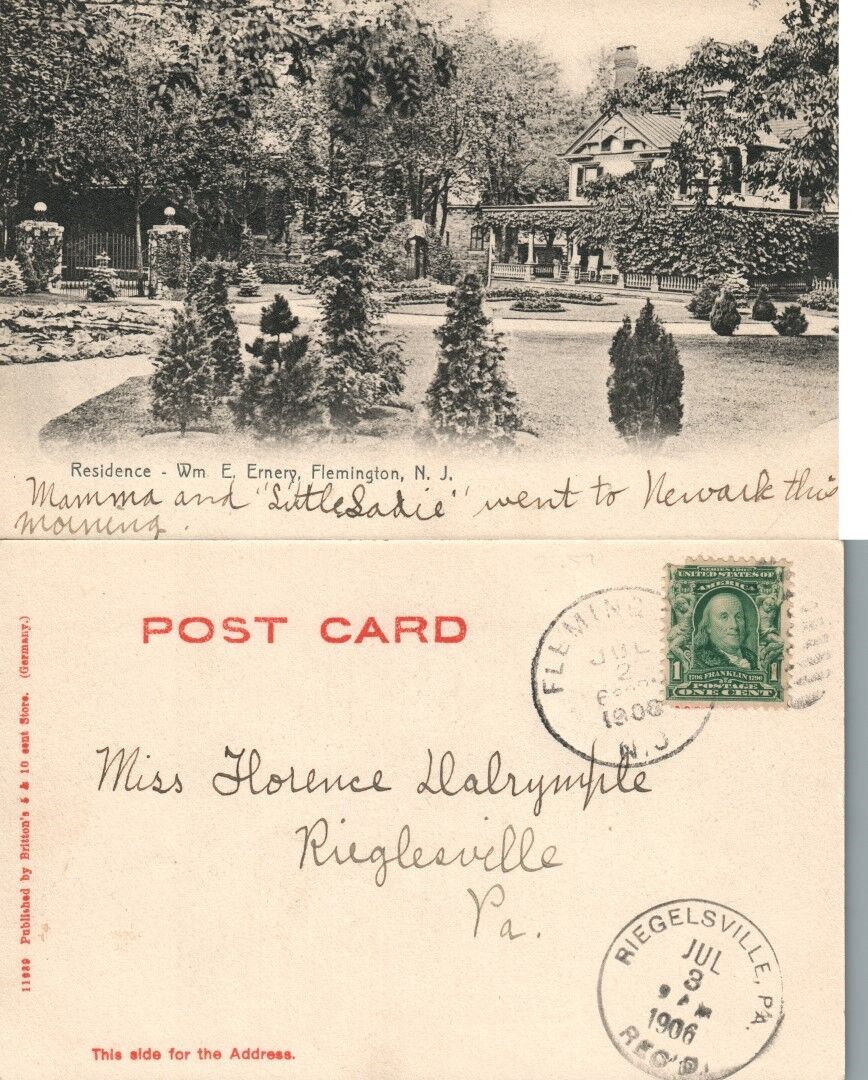 FLEMINGTON N.J. W.E.ERNERY RESIDENCE 1908 UNDIVIDED ANTIQUE POSTCARD