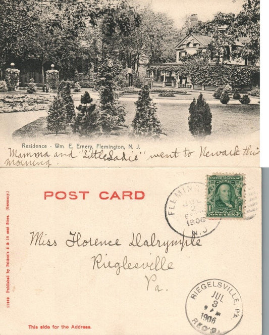 FLEMINGTON N.J. W.E.ERNERY RESIDENCE 1908 UNDIVIDED ANTIQUE POSTCARD