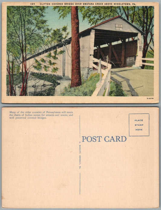 MIDDLETOWN PA CLIFTON COVERED BRIDGE OVER SWATARA CREEK VINTAGE POSTCARD