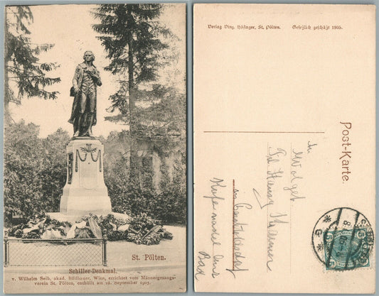 SCHILLER DENKMAL ST.POLTEN AUSTRIA ANTIQUE POSTCARD w/ stamp