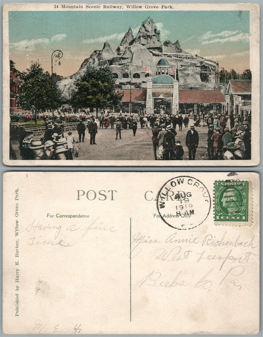 WILLOW GROVE PARK PA MOUNTAIN SCENIC RAILWAY 1919 ANTIQUE POSTCARD railroad