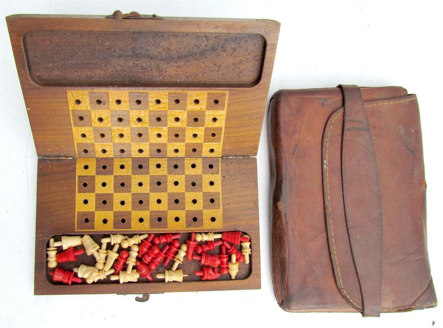 CHESS MINIATURE TRAVEL SET w/ ORIGINAL LEATHER BAG