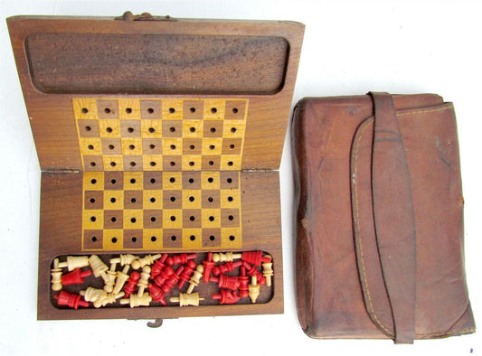 CHESS MINIATURE TRAVEL SET w/ ORIGINAL LEATHER BAG