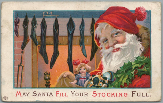 CHRISTMAS MAY SANTA FILL YOUR STOCKING FULL ANTIQUE POSTCARD