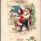 SANTA in YELLOW VEST w/ TOY HORSE & CHRISTMAS TREE ANTIQUE POSTCARD