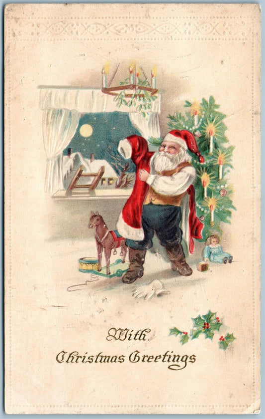 SANTA in YELLOW VEST w/ TOY HORSE & CHRISTMAS TREE ANTIQUE POSTCARD