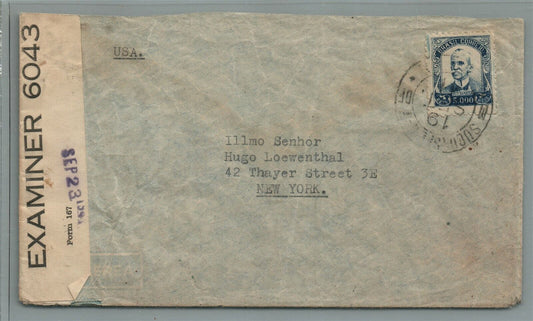 BRAZIL to USA 1941 VINTAGE COVER w/ WWII EXAMINER STAMP